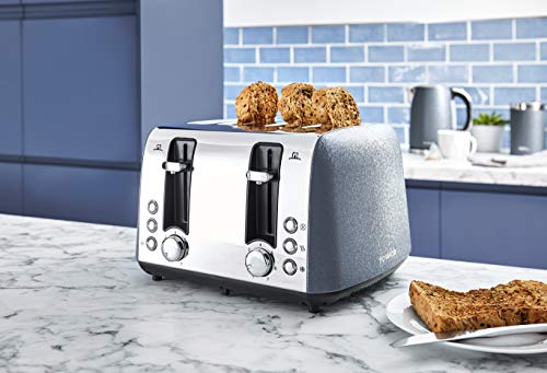 Tower T20053BLU 4 Slice Toaster, Ice Diamond Collection with Reflective Diamond Effect, Defrost/Reheat/Cancel Functions, 1800 W, Steel, Blue