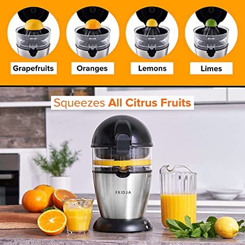Automatic Citrus Juicer (One Button to Operate) No Spills, No Splashes, Easy Clean. Orange and Grapefruit Squeezer for Freshly Pressed Juice, Stainless Steel, 50 W, 400 milliliters, Fridja f900