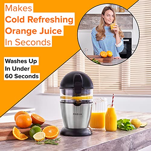 Automatic Citrus Juicer (One Button to Operate) No Spills, No Splashes, Easy Clean. Orange and Grapefruit Squeezer for Freshly Pressed Juice, Stainless Steel, 50 W, 400 milliliters, Fridja f900