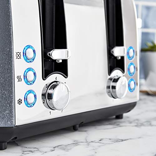 Tower T20053BLU 4 Slice Toaster, Ice Diamond Collection with Reflective Diamond Effect, Defrost/Reheat/Cancel Functions, 1800 W, Steel, Blue