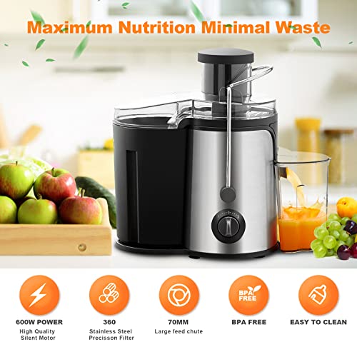 OFCASA Centrifugal Juicer, 600W Juicer Machine for Whole Fruit and Vegetables,70MM Wide Mouth Juicer Extractor 2 Speed Settings, Stainless Steel Juicer Maker Easy to Use & Clean, BPA-Free, Silver