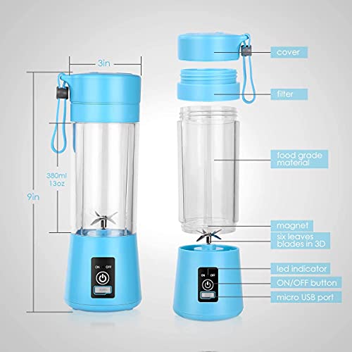 Portable Blender, Personal Blender for Shakes and Smoothies, Blender shake Smoothie for Kitchen Personal Size Blenders with Rechargeable USB, 380Ml Traveling Fruit Veggie Juicer Cup With 6 Blades