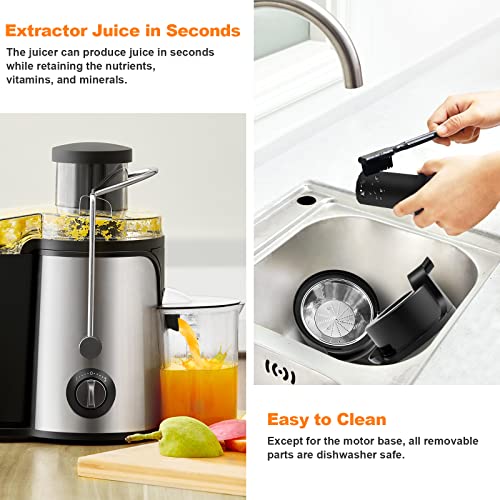 OFCASA Centrifugal Juicer, 600W Juicer Machine for Whole Fruit and Vegetables,70MM Wide Mouth Juicer Extractor 2 Speed Settings, Stainless Steel Juicer Maker Easy to Use & Clean, BPA-Free, Silver