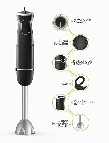 Hand Blender 3 in 1, 600W Immersion Hand Blender for Kitchen 6-Speed Electric Stick Handheld Blender with Turbo Function, Include Stainless Steel Whisk, Milk Frother Attachments