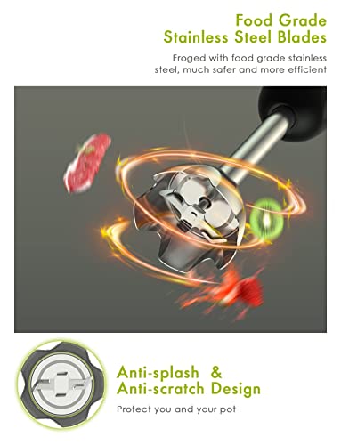 Hand Blender 3 in 1, 600W Immersion Hand Blender for Kitchen 6-Speed Electric Stick Handheld Blender with Turbo Function, Include Stainless Steel Whisk, Milk Frother Attachments