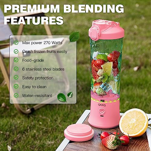 Portable Blender, Smoothie Maker Waterproof 270 Watt Blender USB Rechargeable with 600ml BPA Free Blender Cups with Travel Lid (Pink)