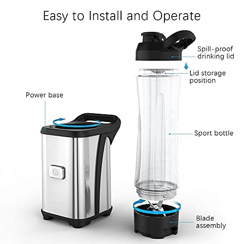 Smoothie Blender 350W, Blender Smoothie Makers and Portable Blender with 2 Tritan Bottles, Personal Blenders for Smoothies with Ice, Milkshake and Baby Food, Easy to Take, Silver, BPA-Free