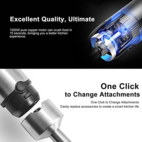 Cukenie 1500W Hand Blender, 4 in 1 Handheld Blender with 21 Speed Control and Turbo Setting, 4 Stainless Steel Blades Stick Blender, Immersion Blender with Whisk, Measuring Mug, Chopper, BPA Free