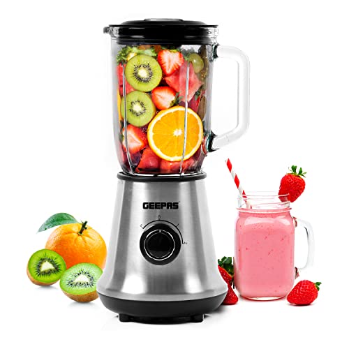 Geepas 700W Glass Jug Food Blender Smoothie Maker | Stainless Steel Cutting Blades, 3 Speed Control with Pulse & 1.5L Glass Jar | Powerful Copper Motor Jug Blender & Ice Crusher – 2 Year Warranty