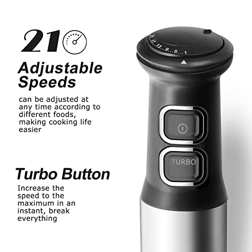 Cukenie 1500W Hand Blender, 4 in 1 Handheld Blender with 21 Speed Control and Turbo Setting, 4 Stainless Steel Blades Stick Blender, Immersion Blender with Whisk, Measuring Mug, Chopper, BPA Free