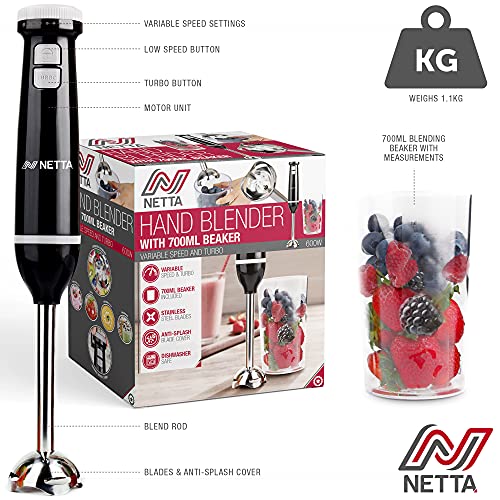 NETTA Hand Blender with 700ml Beaker - Powerful 600W - Variable Speed and Turbo Settings - Food Grade 304 Stainless Steel Blades - Ergonomic Stick Handle - BPA Free