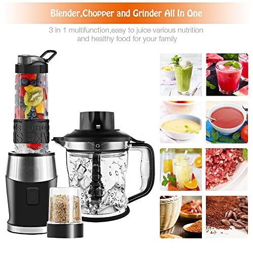 Blender Smoothie Maker, 700W Smoothie Blender, Portable Blender, Food Chopper and Grinder, 570ml BPA Free Blender Bottle, 300ml Grinder Cup, 1200ml Chopper Jug, Food Processor and Blenders for Kitchen