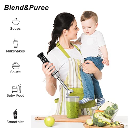 Cukenie 1500W Hand Blender, 4 in 1 Handheld Blender with 21 Speed Control and Turbo Setting, 4 Stainless Steel Blades Stick Blender, Immersion Blender with Whisk, Measuring Mug, Chopper, BPA Free