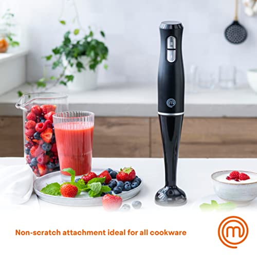 MasterChef Hand Blender Stick, Electric Handheld Food Processor, 2 Blending Speeds, Stainless Steel Blades, Immersion Liquidiser with Removable & Washable Leg, Non-scratch Plastic, 200W, Black