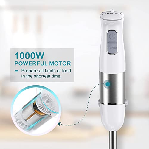kakaroof Hand Blender for Kitchen, 1000W Stick Blender with 6 Speeds and Turbo Setting, Immersion Blender with Stainless Steel Blades for Smoothie, Baby Food, Sauces, Puree, Soup,BPA Free, White