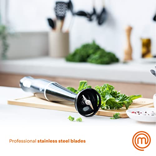 MasterChef Hand Blender Stick, Electric Handheld Food Processor, 2 Blending Speeds, Stainless Steel Blades, Immersion Liquidiser with Removable & Washable Leg, Non-scratch Plastic, 200W, Black