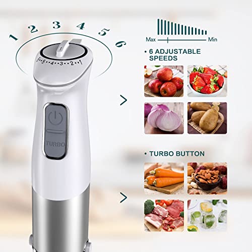 kakaroof Hand Blender for Kitchen, 1000W Stick Blender with 6 Speeds and Turbo Setting, Immersion Blender with Stainless Steel Blades for Smoothie, Baby Food, Sauces, Puree, Soup,BPA Free, White