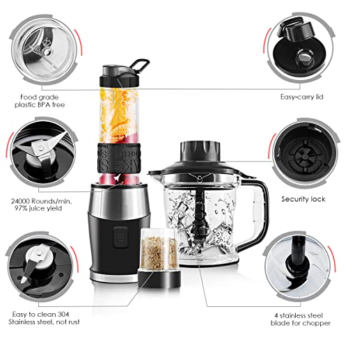 Blender Smoothie Maker, 700W Smoothie Blender, Portable Blender, Food Chopper and Grinder, 570ml BPA Free Blender Bottle, 300ml Grinder Cup, 1200ml Chopper Jug, Food Processor and Blenders for Kitchen