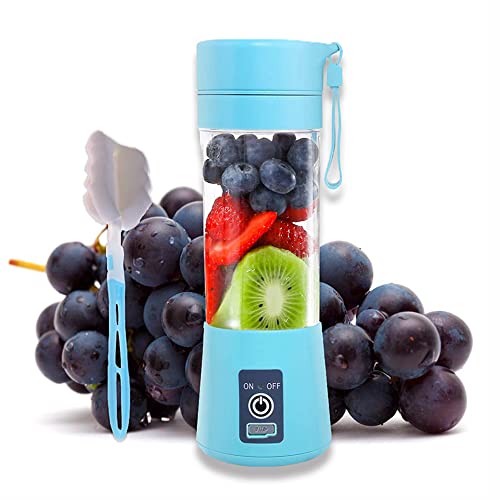 Portable Blender, Mini Smoothie Blender, Juicer Cup, Personal Fruit Mixer, Beach Milkshakes Ice Maker Travel Handheld Blenders Bottle Bowls, Rechargeable with USB 380ml Six 3D Blades 2000mAh Blue