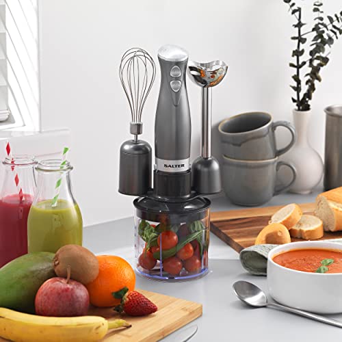 Salter EK2827GUNMETAL Cosmos 3 in 1 Hand Blender and Mixer Set, Electric Whisk and Mini Chopper Attachments, 350 W, Stainless Steel Blades, Chopping Bowl - Blend Smoothies, Baby Food, Soups, 500 ml