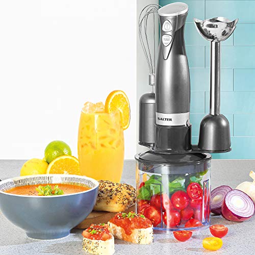 Salter EK2827GUNMETAL Cosmos 3 in 1 Hand Blender and Mixer Set, Electric Whisk and Mini Chopper Attachments, 350 W, Stainless Steel Blades, Chopping Bowl - Blend Smoothies, Baby Food, Soups, 500 ml