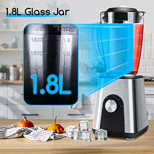Aigostar 1.8L Blender Smoothie Maker, 1200W Glass Jug Blender Mixer with 6 Stainless Steel Ice Crusher Blades, Multi-function High Speed Electric Food Blender for Shakes, BPA Free - Archer 30RTZ