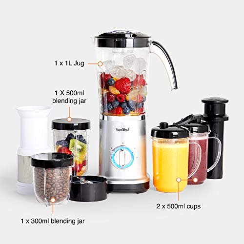 VonShef Blender, Juicer & Grinder - 4 in 1 Multi-Functional, 17 Piece Set with 2 Speed Settings and Pulse Function Ideal for Crushing Ice, Making Smoothies, Protein Shakes and More 220W