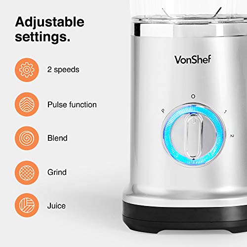 VonShef Blender, Juicer & Grinder - 4 in 1 Multi-Functional, 17 Piece Set with 2 Speed Settings and Pulse Function Ideal for Crushing Ice, Making Smoothies, Protein Shakes and More 220W