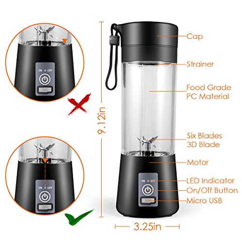 YurDoca Portable Blender, Fruit Juice mixer [Upgraded Version], Personal Blender with USB Rechargeable Mini Mixer,Personal Size for Smoothies and Shakes Juicer Cup Travel, Black-d