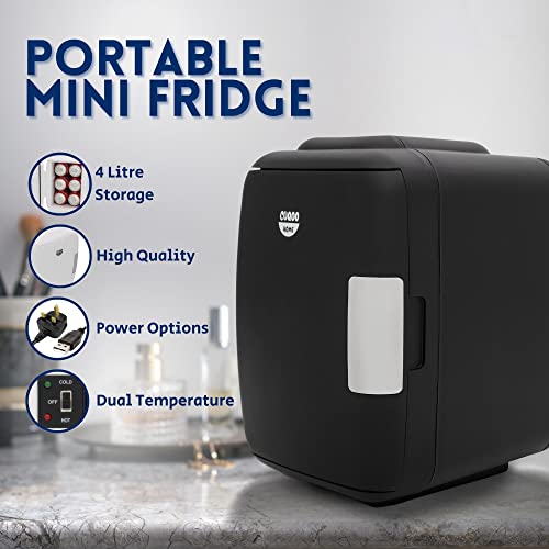 CUQOO 4L Portable Mini Fridge in Black – Luxury Mini Fridge for Bedrooms, Cars, Offices | Makeup, Skincare Fridge Storage | Skin Care Fridge Fits up to 6 Cans | Quiet & Powerful Mini Fridge (Black)