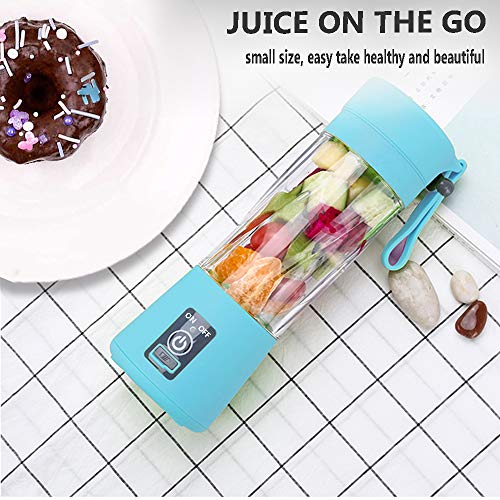 Portable Blender Bottle for Smoothies and Shakes, Portable Smoothie Blender, Juicer Cup, 13oz Personal Fruit Mini Blenders USB Rechargeable Mixer With 6 Blades for Travel and Kitchen, Blue