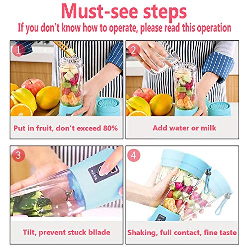 Portable Blender Bottle for Smoothies and Shakes, Portable Smoothie Blender, Juicer Cup, 13oz Personal Fruit Mini Blenders USB Rechargeable Mixer With 6 Blades for Travel and Kitchen, Blue