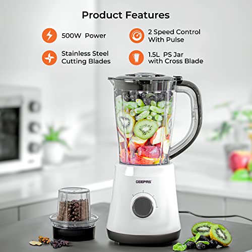 Geepas Electric Blender Smoothie Maker, Food Jug Blender 500W - Stainless Steel Blades, 2 Speed Control with Pulse Function, 1.5L Jar -Coffee Grinder Mill, Smoothie Maker/Ice Crushing -2 Year Warranty