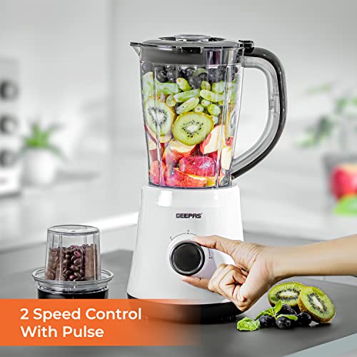 Geepas Electric Blender Smoothie Maker, Food Jug Blender 500W - Stainless Steel Blades, 2 Speed Control with Pulse Function, 1.5L Jar -Coffee Grinder Mill, Smoothie Maker/Ice Crushing -2 Year Warranty