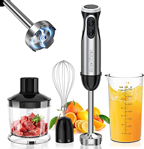 Bonsenkitchen Stainless Steel Hand Blender, 4-in-1 Stick Blender 1000W, 20 Speed Adjustable, with Whisk, 500ml Chopper and 700ml Measuring Cup, BPA Free Food Processor (HB3203)