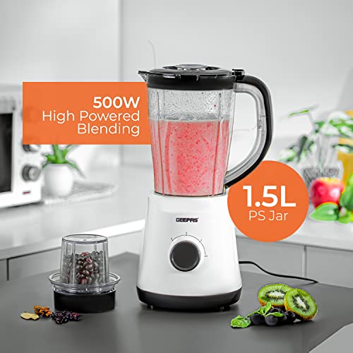 Geepas Electric Blender Smoothie Maker, Food Jug Blender 500W - Stainless Steel Blades, 2 Speed Control with Pulse Function, 1.5L Jar -Coffee Grinder Mill, Smoothie Maker/Ice Crushing -2 Year Warranty