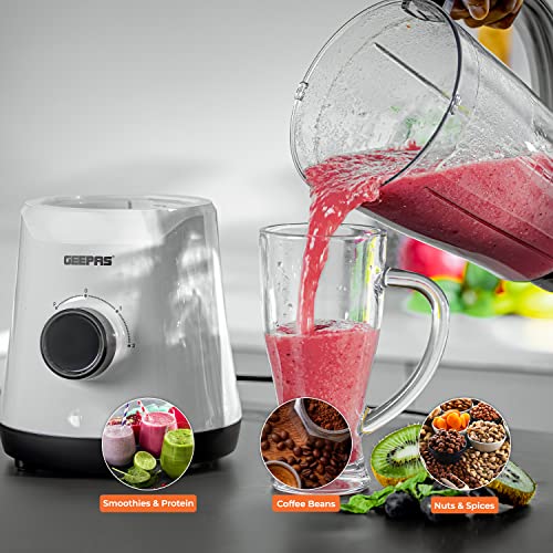 Geepas Electric Blender Smoothie Maker, Food Jug Blender 500W - Stainless Steel Blades, 2 Speed Control with Pulse Function, 1.5L Jar -Coffee Grinder Mill, Smoothie Maker/Ice Crushing -2 Year Warranty