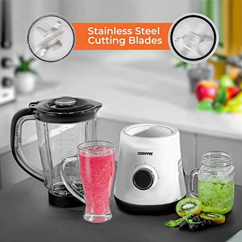 Geepas Electric Blender Smoothie Maker, Food Jug Blender 500W - Stainless Steel Blades, 2 Speed Control with Pulse Function, 1.5L Jar -Coffee Grinder Mill, Smoothie Maker/Ice Crushing -2 Year Warranty
