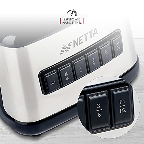 NETTA Table Blender - Smoothie Maker with Glass Jug - Electric Mixer and Liquidiser - 8 Speed Settings, 500W - Ideal for Milkshakes, Ice Crusher, Soup, Fruit Blender and Cocktail Maker