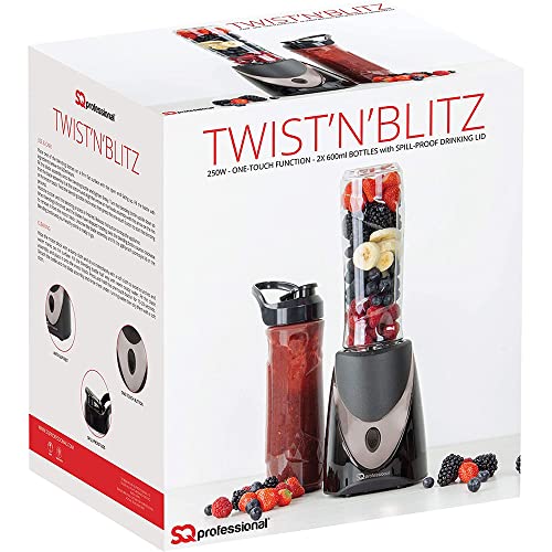 SQ Professional Blitz - Twist'n'Blitz - Nutrient Extractor/Personal Mini Blender Juicer Smoothie Maker With 2 x Portable Blending Bottles (600 ml) 250W (Black/Silver)