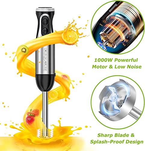 Bonsenkitchen Stainless Steel Hand Blender, 4-in-1 Stick Blender 1000W, 20 Speed Adjustable, with Whisk, 500ml Chopper and 700ml Measuring Cup, BPA Free Food Processor (HB3203)
