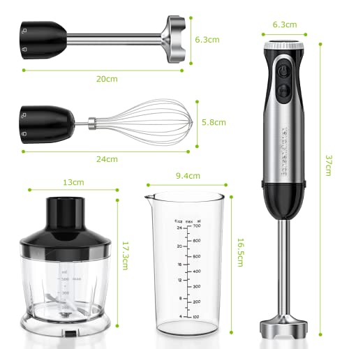 Bonsenkitchen Stainless Steel Hand Blender, 4-in-1 Stick Blender 1000W, 20 Speed Adjustable, with Whisk, 500ml Chopper and 700ml Measuring Cup, BPA Free Food Processor (HB3203)
