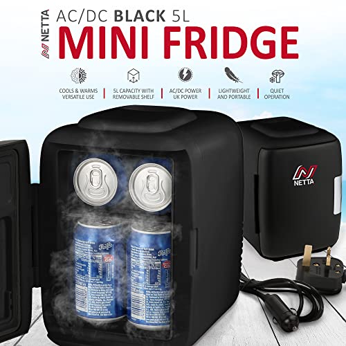 NETTA 5L Mini Fridge - Portable Small Fridge for Drinks, Snacks, Skincare - For Bedroom, Student Dormitory, Office With Cooling And Warming Function - AC/DC Portable – Black