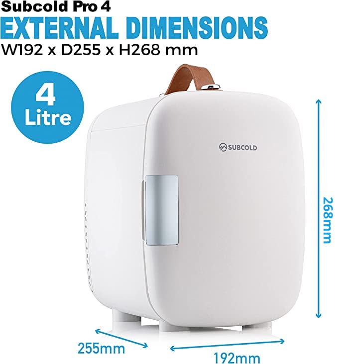Subcold Pro4 Luxury Mini Fridge Cooler | 4 Litre / 6 Cans | AC and Exclusive USB Power Option | Portable Small Fridge for the Office, Bedroom, Car, Travel, Skincare & Cosmetics (White)