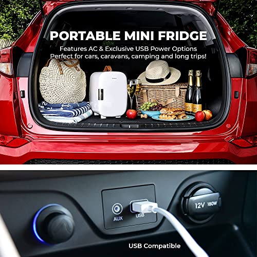 Subcold Pro4 Luxury Mini Fridge Cooler | 4 Litre / 6 Cans | AC and Exclusive USB Power Option | Portable Small Fridge for the Office, Bedroom, Car, Travel, Skincare & Cosmetics (White)