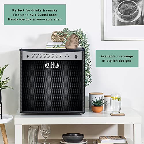 Kuhla 43 Litre Mini Fridge with Ice Box, Novelty Design, Inc Adjustable Thermostat, Door Racks and Removable Shelf, Small Drinks Fridge Ideal for Home and Office – Amp Speaker, Black KTTF4BGB-1004