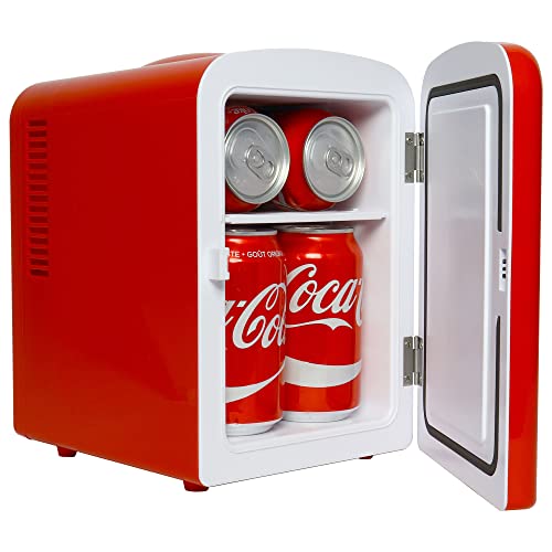 Coca Cola (Classic) 4 Liter/6 Can Portable Fridge/Mini Cooler for Food, Beverages, Skincare -Use at Home, Office, Dorm, Car, Boat-AC & DC Plugs Included, Red