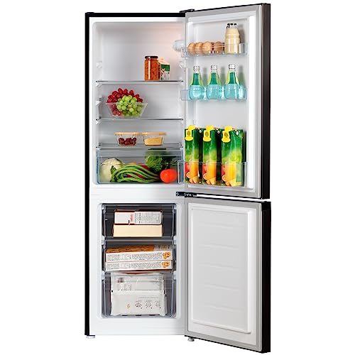 CHiQ FBM157L4EU, 157L, 70/30 Freestanding Fridge Freezer, Low Frost, E, 39 dB, Reversible Door, Stainless Steel, Compact Size 48cm Wide 144cm Tall, Black