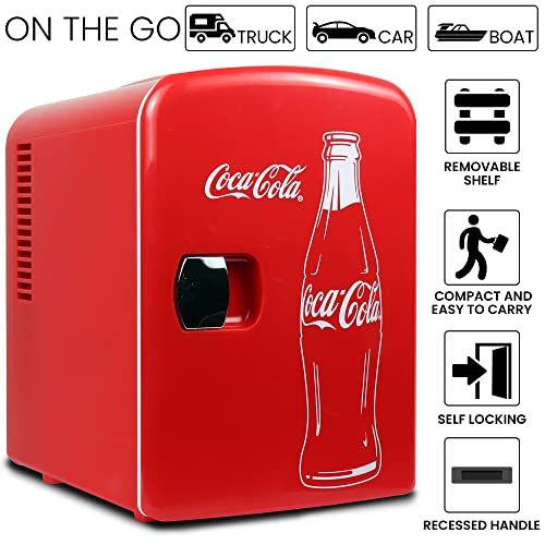 Coca Cola (Classic) 4 Liter/6 Can Portable Fridge/Mini Cooler for Food, Beverages, Skincare -Use at Home, Office, Dorm, Car, Boat-AC & DC Plugs Included, Red