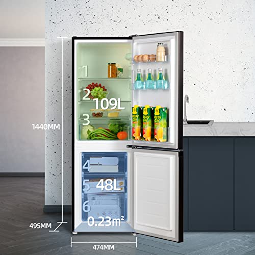 CHiQ FBM157L4EU, 157L, 70/30 Freestanding Fridge Freezer, Low Frost, E, 39 dB, Reversible Door, Stainless Steel, Compact Size 48cm Wide 144cm Tall, Black